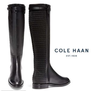 NWT COLE HAAN Women’s Tall Black Leather Stretch Business Casual Preppy Boots 5